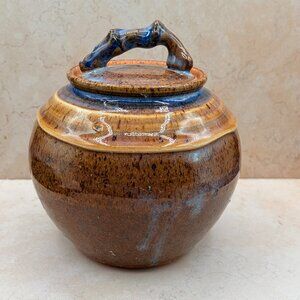 Vintage Stoneware Covered Ginger Jar Hand Made Wheel Thrown Bamboo Shaped Handle